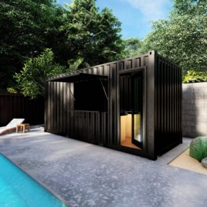 Moradia com piscina em contentor com toldo tipo bar para cozinha de verão